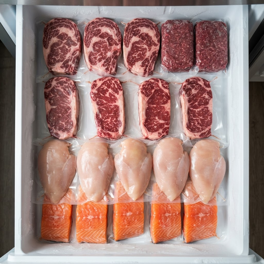 A freezer drawer neatly packed with premium steaks, ground beef, chicken and salmon