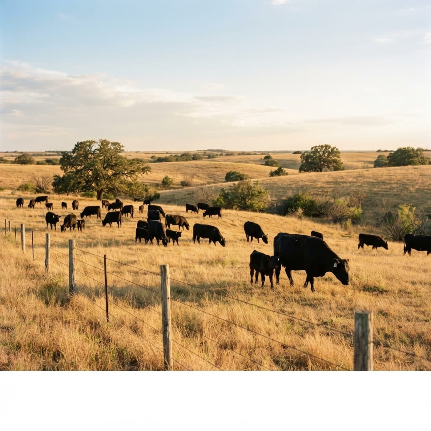Cattle grazing on open Texas rangeland at golden hour